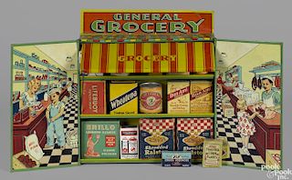Wolverine tin lithograph General Grocery play set with miniature store products, 11 1/2'' h.