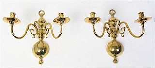 * A Pair of Dutch Baroque Style Brass Two-Light Sconces, Height 12 1/2 inches.