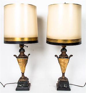 A Pair of Neoclassical Style Gilt Metal Mounted Marble Lamps, Height overall 32 inches.