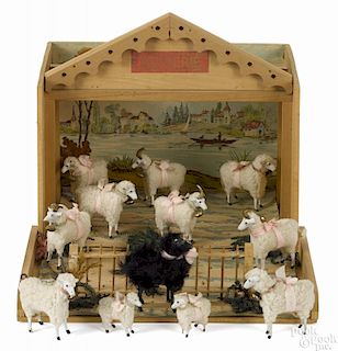 French Bergerie (Sheep Pen) diorama with twelve stick leg sheep, 11 1/4'' h., 12 1/2'' w.