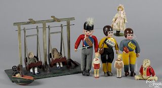 Celluloid figures and toys, to include three dressed souvenir celluloid football dolls