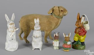 Six German Easter candy containers, to include a large mohair rabbit, 11'' l., a rabbit with a pack