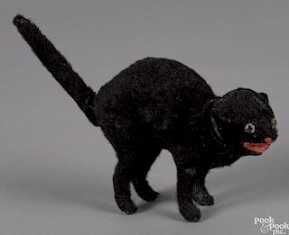 Mohair Halloween scared black cat candy container, probably German, 6 1/4'' h.