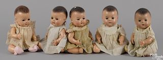 Five Madame Alexander composition Dionne Quintuplets dolls with sleep eyes, molded hair