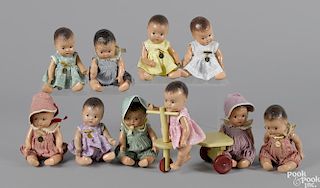 Two sets of five Madame Alexander composition Dionne Quintuplets dolls with painted eyes