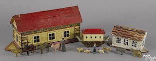 Three painted wood German Noah's Ark play toys, each with a complement of painted wood animals