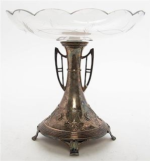 A Jugendstil Silver-Plate and Cut Glass Compote. Height 9 1/4 x diameter of glass 9 1/4 inches.