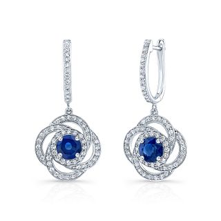 Sapphire And Diamond Round Dangle Earrings With Pave Love Knot Frame In 14k White Gold (5.5mm)