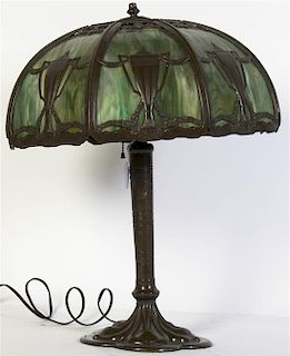 An American Slag Glass Table Lamp, Height 21 x diameter of shade 17 1/2 inches.