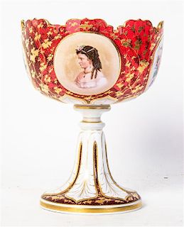 * A Bohemian Cranberry Glass Center Bowl, Height 11 1/2 inches.
