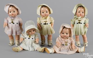 Five Madame Alexander composition Dionne Quintuplets dolls with sleep eyes, molded hair