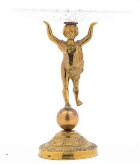 A Gilt Metal and Glass Figural Tazza, Height 7 1/2 inches.