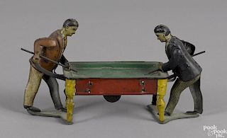 German tin lithograph clockwork billiards players with players at opposing ends, 7 3/4'' w.