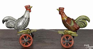German tin lithograph wind-up fighting roosters spring toy, 8 3/4'' w.