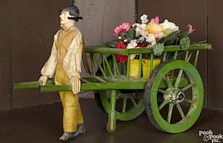 French walking man with a flower cart pull toy, 11'' l.