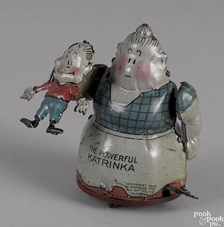 Nifty tin lithograph wind-up The Powerful Katrinka, Copyright 1923 by Fontaine Fox, 5 1/4'' h.