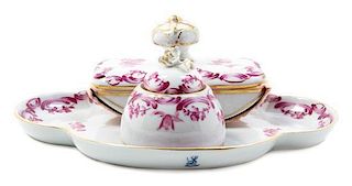 A Dresden Porcelain Inkstand and Blotter, Width of stand 8 1/4 inches.