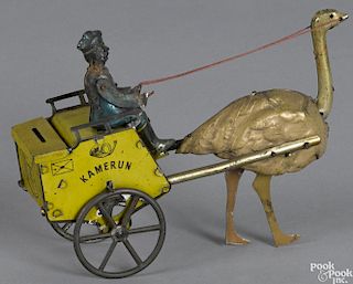 Lehmann tin lithograph Kamerun internal wheel drive of an ostrich pulling a cart, 7'' l.