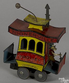 Nifty tin lithograph wind-up Toonerville Trolley, Copyright 1922 by Fontaine Fox, 6 3/4'' h.