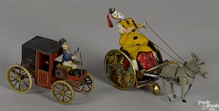Two Lehmann tin wind-up toys, to include a ''Balky Mule'' with a clown driver, 7 1/2'' l.