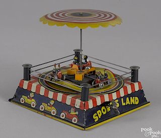 Japanese tin lithograph wind-up Sports Land cart racing toy, base - 6 1/2'' square.