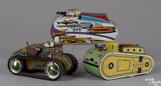 Three Marx tin lithograph wind-up tanks, to include a Rex Mars Planet Patrol space tank, 10'' l.