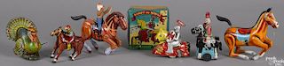 Five miscellaneous tin lithograph wind-up toys, to include a turkey, 4 1/4'' h.