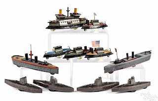 J. L. Hess tin lithograph eleven-piece flotilla with five tow bars, two boats are wind-up