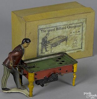 German Gunthermann tin wind-up pool player, with a reproduction box, 4 1/2'' h., 6 1/4'' w.