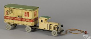 Rich Toy Company National Biscuit Company painted wood and tin tractor trailer delivery truck
