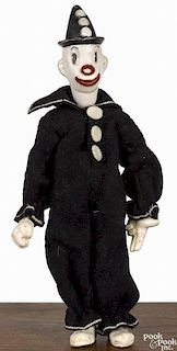 Koko the Clown doll, cloth dressed figure made with Bucherer doll parts, 9'' h.