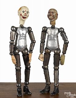 Two Swiss Bucherer metal ball jointed clown Saba figures, tallest - 8 1/2''.