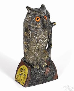 J. & E. Stevens cast iron owl turns head mechanical bank, 7 1/2'' h.