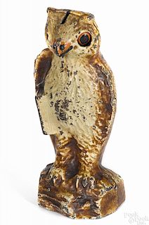 Kilgore cast iron owl mechanical bank with a slot in the head, 5 3/4'' h.