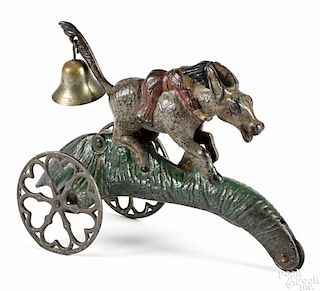 Gong Bell Mfg. cast iron Wild Mule Jack bell toy, 8 1/4'' l.