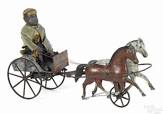 Althof Bergman painted tin and cast iron two-horse gig with a painted composition figure