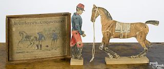 French Watilliaux paper lithograph over wood Aventures de Coquenano figure and his horse