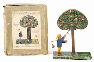 French Cij Le Cueilleur de Pommes (The Apple Picker) paper lithograph over wood animated toy