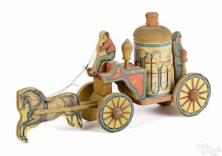 Paper lithograph over wood horse drawn fire pumper, probably Bliss, 15'' l.