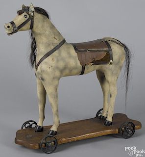 Morton Converse painted wood platform horse pull toy with a nice dry dapple gray surface