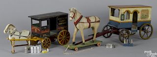 Shefield Farms Company painted wood horse drawn milk wagon with a bottle crate, 21'' l.