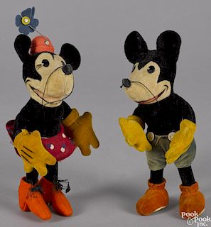 Pair of Steiff Mickey and Minnie Mouse cloth dolls, ca. 1932-1936, both with very bright color