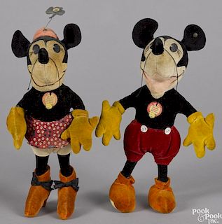 Exceptional matched pair of Steiff Mickey and Minnie Mouse cloth dolls, ca. 1932-1936