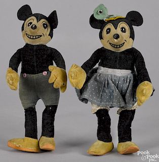 Pair of Dean's Rag Co., England, Mickey and Minnie Mouse cloth dolls, ca. 1933, with metal buttons