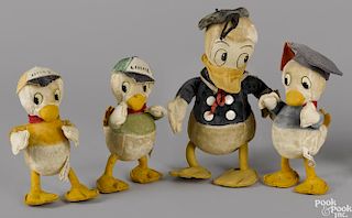 Gund Donald Duck and his nephews cloth dolls, ca. 1950, to include nephews Huey, Dewey, and Louie