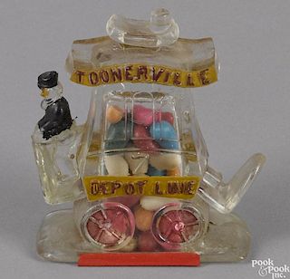 Painted glass Toonerville Depot Line candy container, 3 1/2'' h.