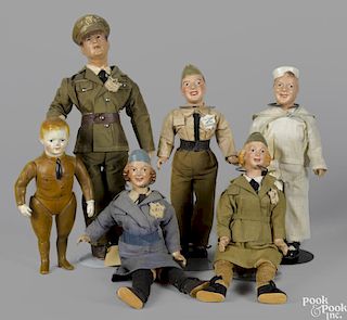 Set of five Freundlich composition WWII military dolls, to include General MacArthur, W.A.V.E.S.
