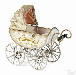 Exceptional Marklin painted tin pram doll carriage, early style, with a silk accordion canopy