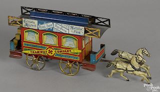 Richter tin lithograph horse drawn Tramway Company trolley with images of passenger windows