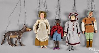 Five German composition marionettes, to include a Red Riding Hood group with a wolf